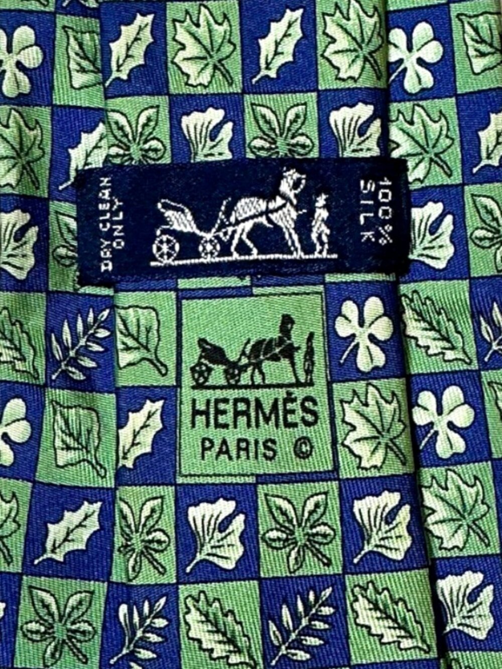 HERMES Clover Leaves Checkerboard Men's Silk Tie Green Navy  #7724 OA 3.5" x 59"